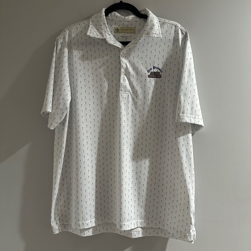 Donald Ross Polo Shirt Mens Medium White Blue‎ Golf Flag Olde Stonewall